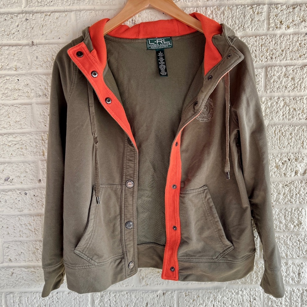 LRL Ralph Lauren Olive and Orange Hoodie with Snap Closure